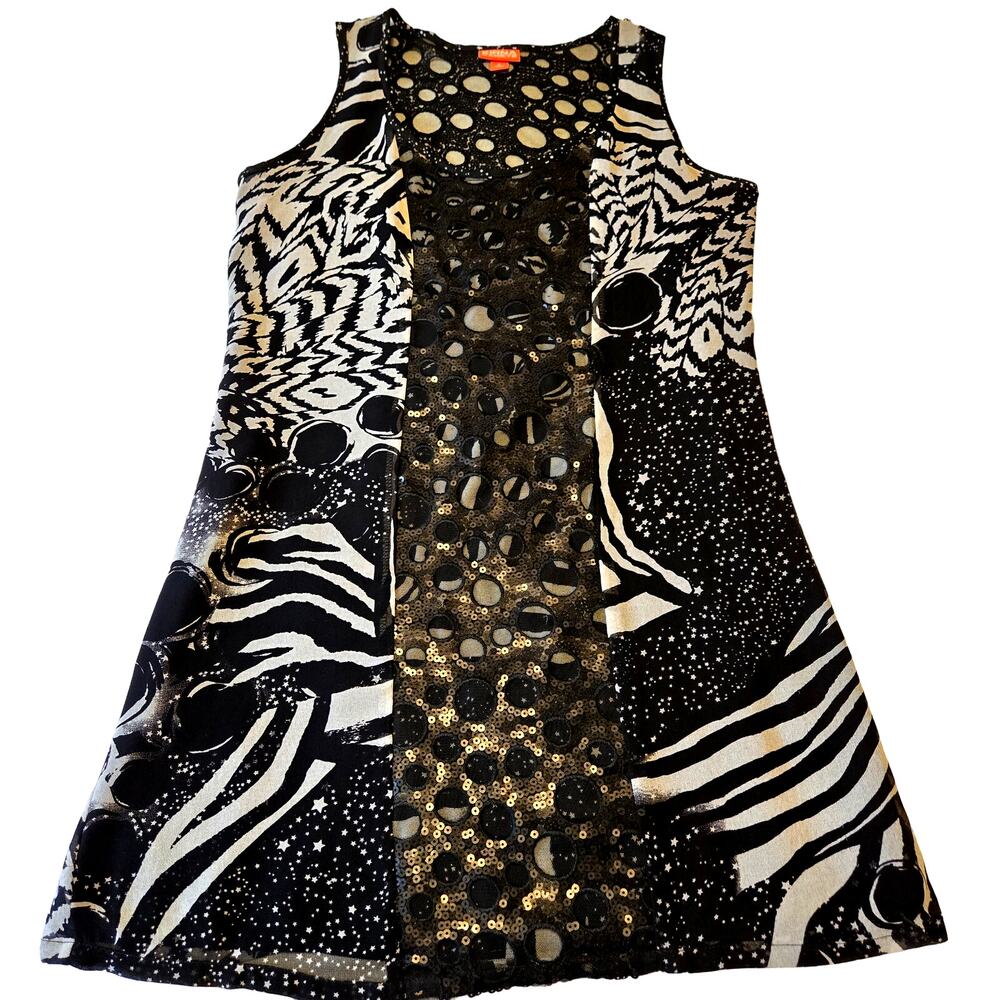 Sz 6 KIRNA ZABETE Mixed Media Black & White Sequin Sleeveless Shift Dress